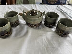 Vintage Japanese Somayaki Somamare 5 piece Tea Set Green Crackle Glaze Gold
